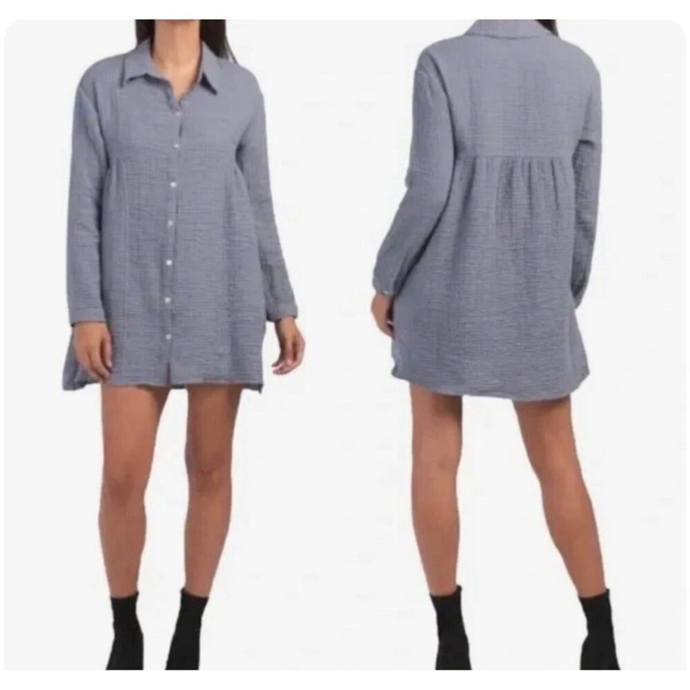 Zara Gauzy Mini Shirt Dress Collar Long Sleeve Ash Grey Lightweight Airy Boho S